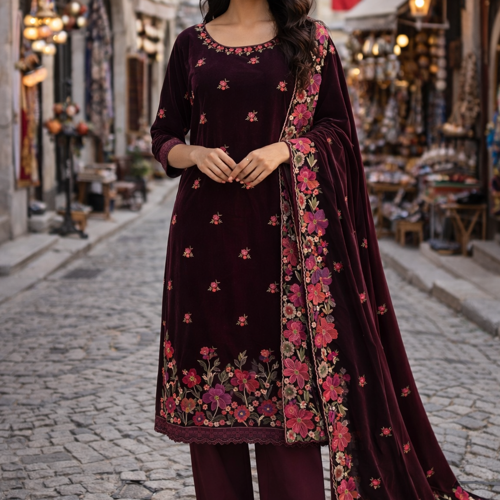 Unstitched Velvet Embroidery Salwar Suit