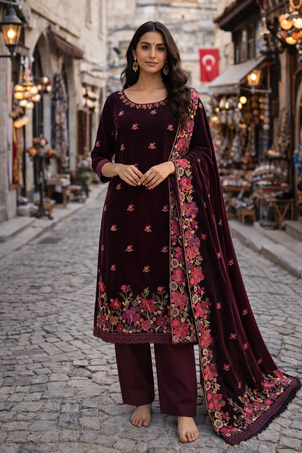 Unstitched Velvet Embroidery Salwar Suit