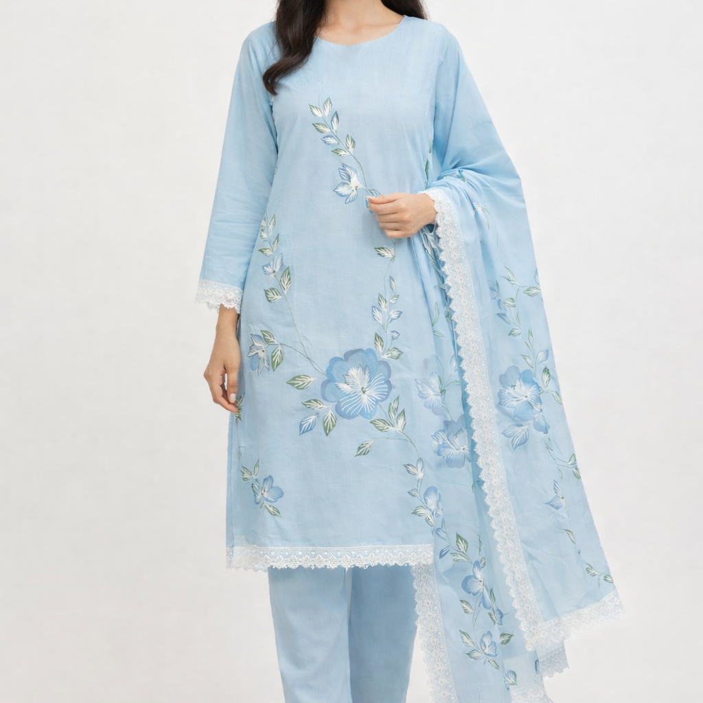Unstitched Brush Print Organza Salwar Suit