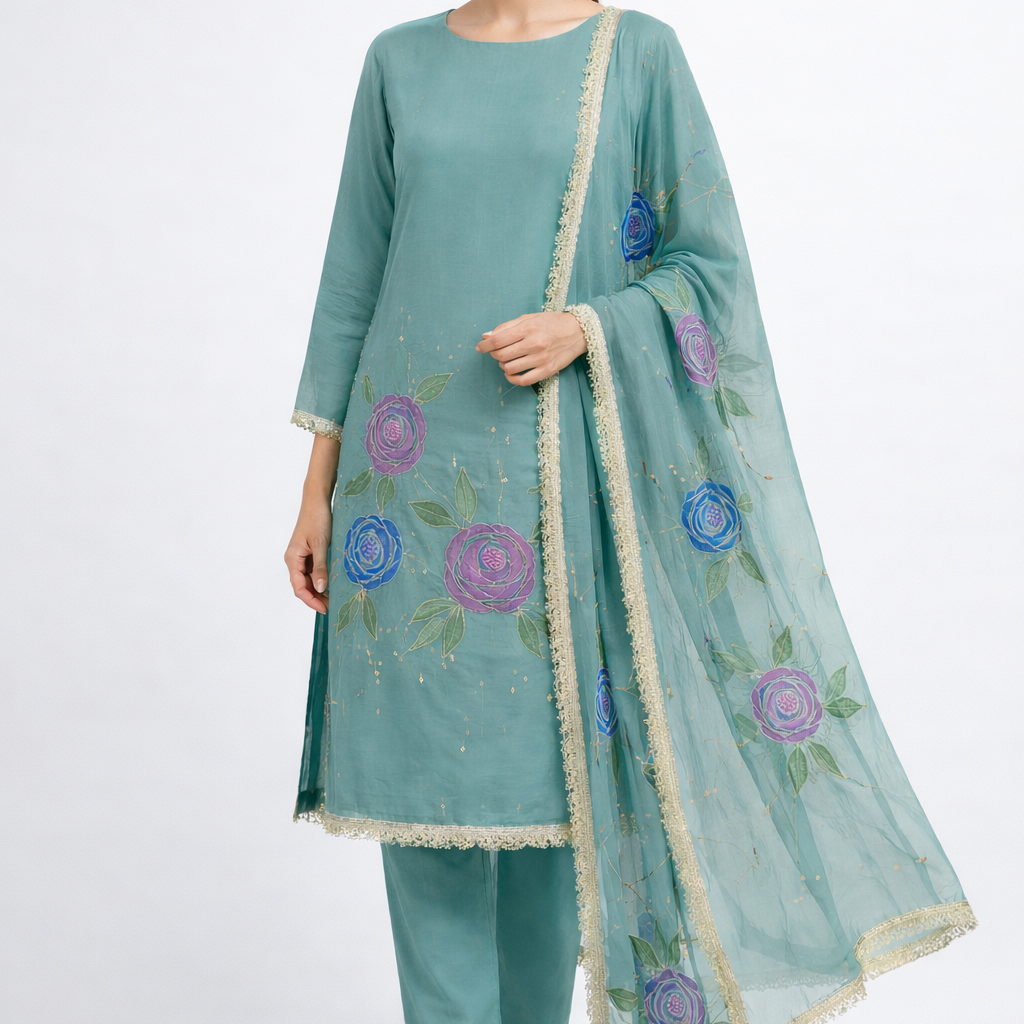 Unstitched Organza Brush Print Salwar Suit