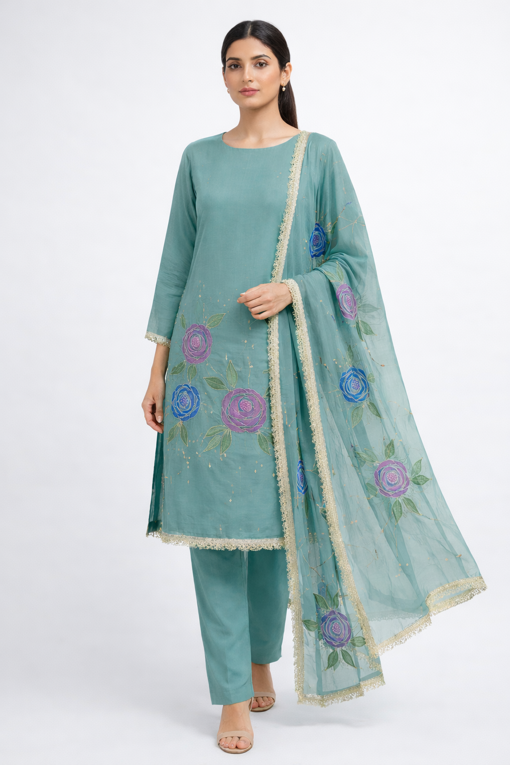 Unstitched Organza Brush Print Salwar Suit