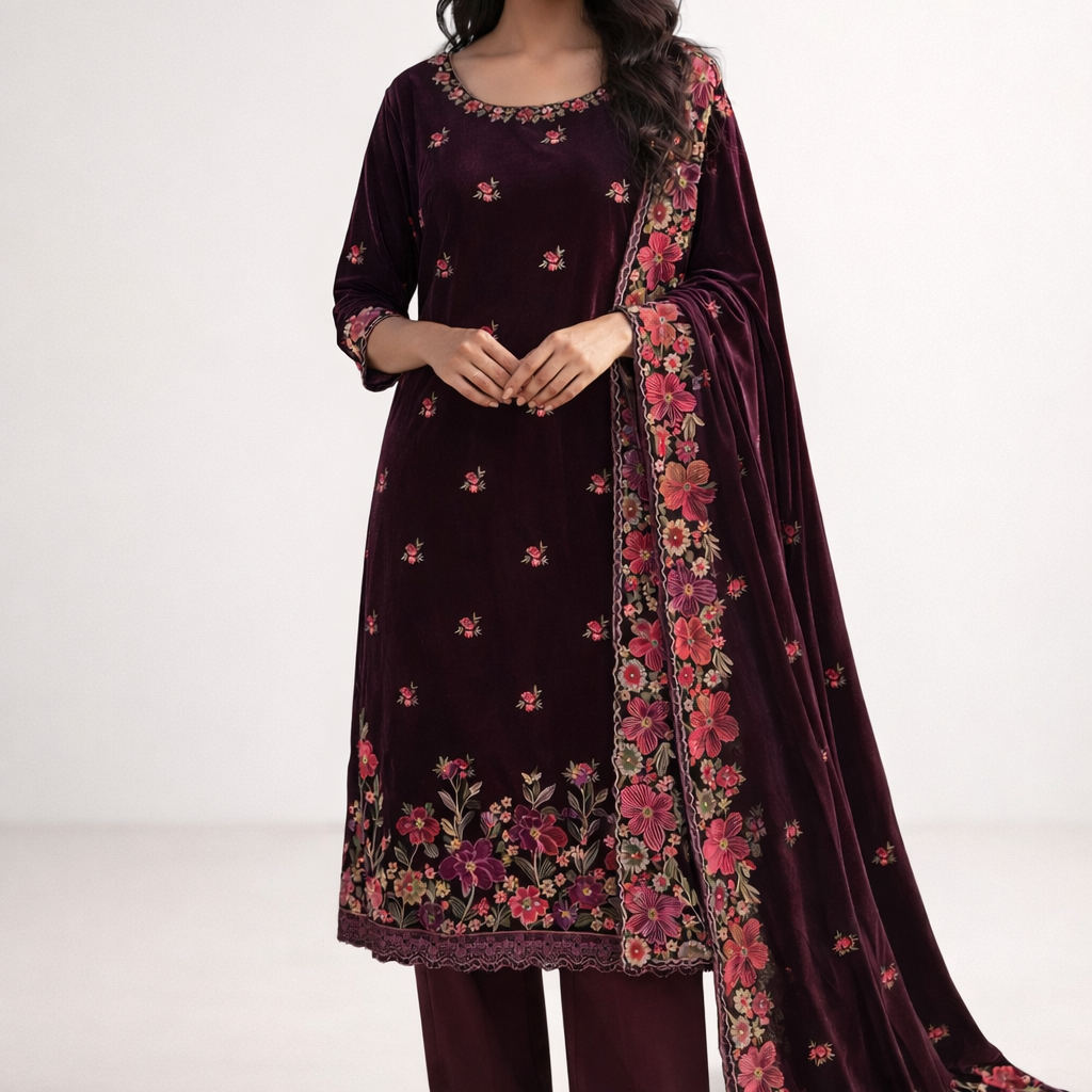 Unstitched Velvet Embroidery Salwar Suit