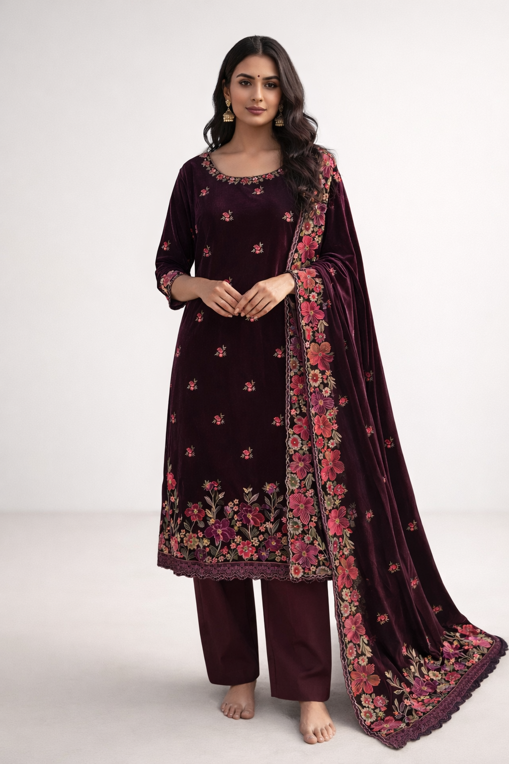 Unstitched Velvet Embroidery Salwar Suit